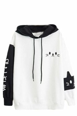 Y2K Grunge Neko Kawaii Cat Graphic Hoodie - Retro 90s Fashion, Y2K Summer & Party Outfits
