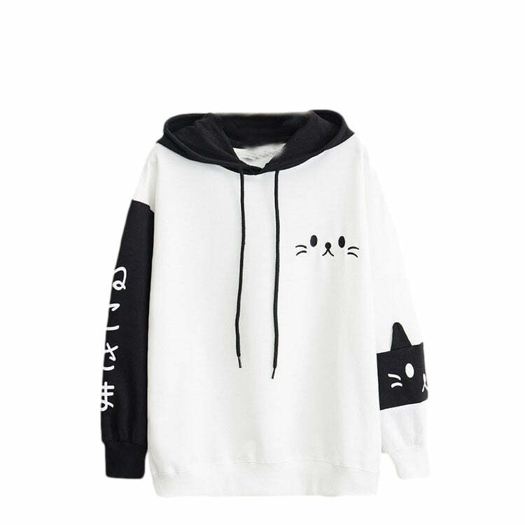 Y2K Grunge Neko Kawaii Cat Graphic Hoodie - Retro 90s Fashion, Y2K Summer & Party Outfits