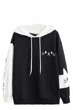 Y2K Grunge Neko Kawaii Cat Graphic Hoodie - Retro 90s Fashion, Y2K Summer & Party Outfits
