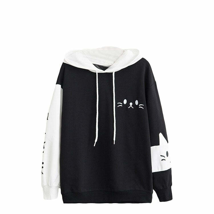 Y2K Grunge Neko Kawaii Cat Graphic Hoodie - Retro 90s Fashion, Y2K Summer & Party Outfits