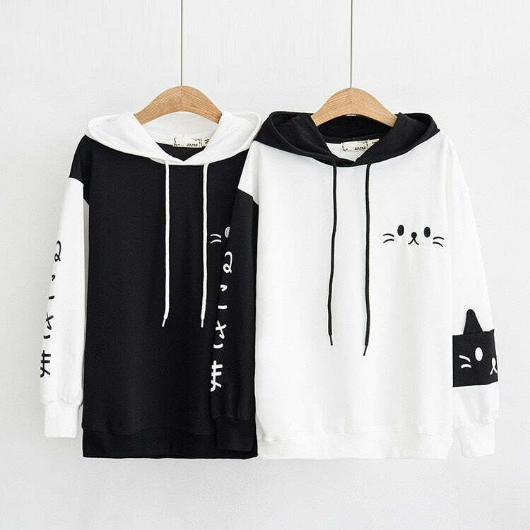 Y2K Grunge Neko Kawaii Cat Graphic Hoodie - Retro 90s Fashion, Y2K Summer & Party Outfits