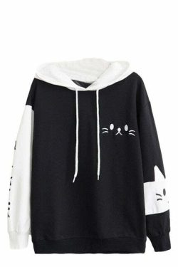 Y2K Grunge Neko Kawaii Cat Graphic Hoodie - Retro 90s Fashion, Y2K Summer & Party Outfits