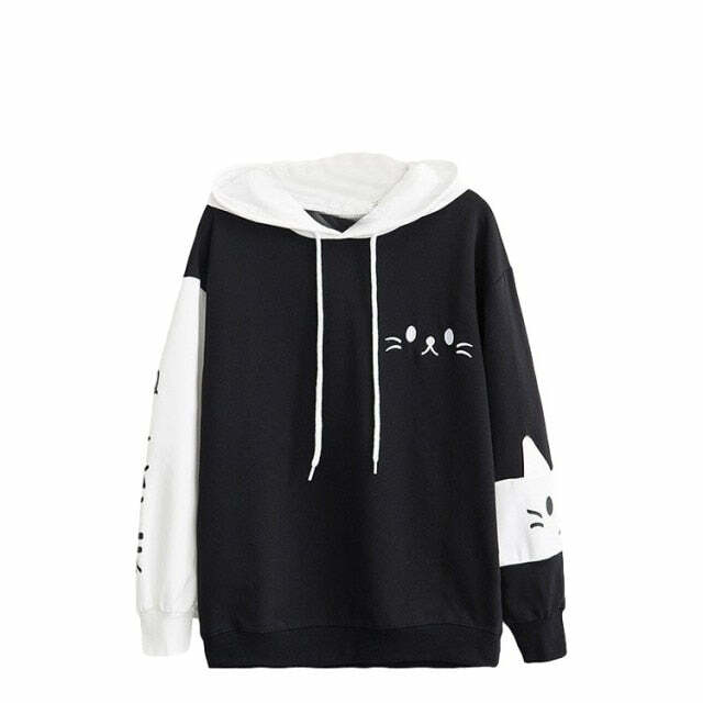 Y2K Grunge Neko Kawaii Cat Graphic Hoodie - Retro 90s Fashion, Y2K Summer & Party Outfits