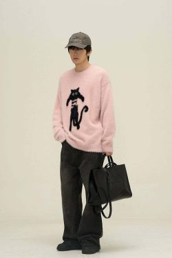 Y2K Grunge Neko Sweater - Retro 90s Fashion, Summer Y2K Outfits, Pastel Goth Style