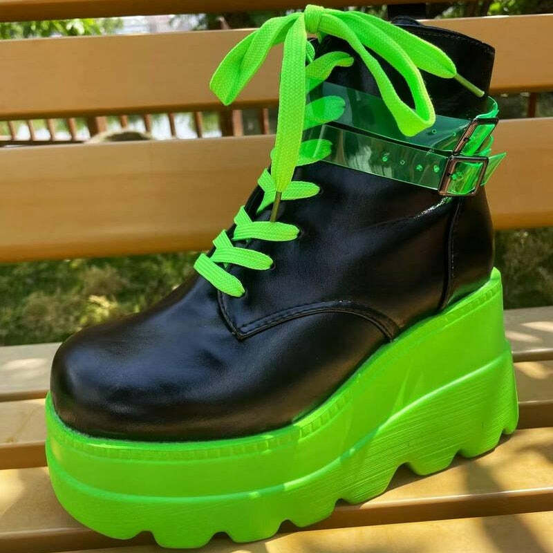 Y2K Grunge Neon Green Platform Shoes - Darkwave Cyber Punk Rave, 90s Retro Fashion