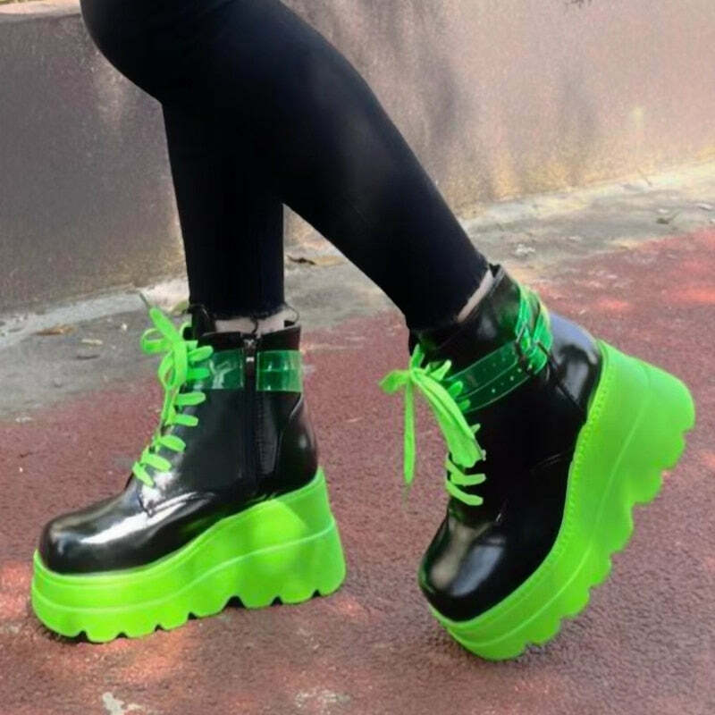 Y2K Grunge Neon Green Platform Shoes - Darkwave Cyber Punk Rave, 90s Retro Fashion