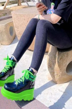 Y2K Grunge Neon Green Platform Shoes - Darkwave Cyber Punk Rave, 90s Retro Fashion
