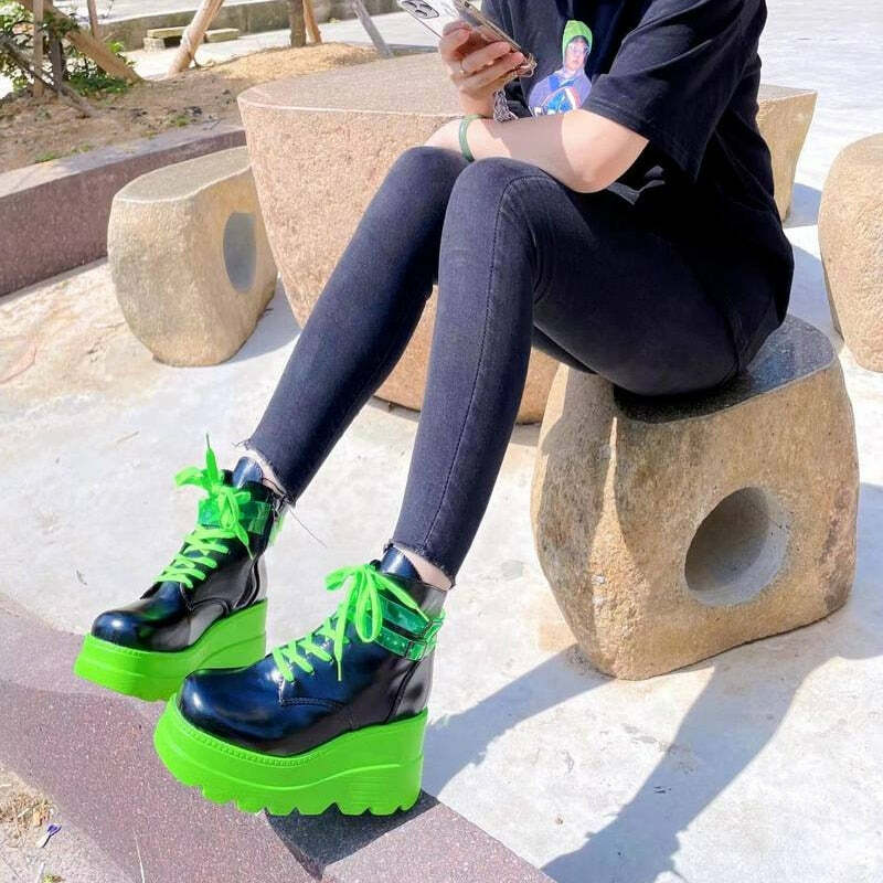 Y2K Grunge Neon Green Platform Shoes - Darkwave Cyber Punk Rave, 90s Retro Fashion