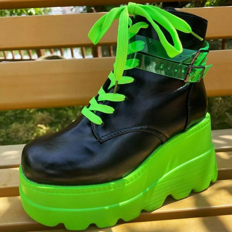 Y2K Grunge Neon Green Platform Shoes - Darkwave Cyber Punk Rave, 90s Retro Fashion