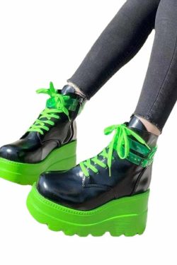 Y2K Grunge Neon Green Platform Shoes - Darkwave Cyber Punk Rave, 90s Retro Fashion