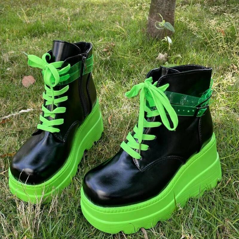 Y2K Grunge Neon Green Platform Shoes - Darkwave Cyber Punk Rave, 90s Retro Fashion