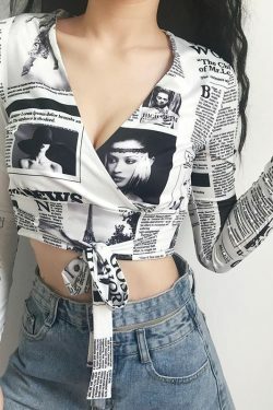 Y2K Grunge Newspaper Crop Top - 90s Retro Summer Outfit, Y2K Party & Club Fashion