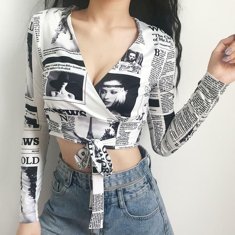 Y2K Grunge Newspaper Crop Top - 90s Retro Summer Outfit, Y2K Party & Club Fashion