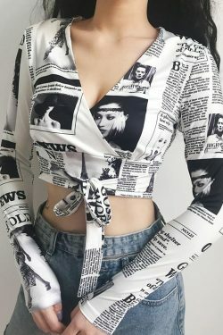 Y2K Grunge Newspaper Crop Top - 90s Retro Summer Outfit, Y2K Party & Club Fashion