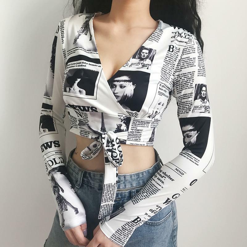 Y2K Grunge Newspaper Crop Top - 90s Retro Summer Outfit, Y2K Party & Club Fashion