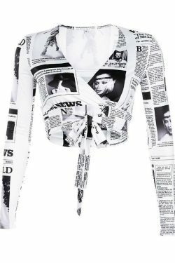 Y2K Grunge Newspaper Crop Top - 90s Retro Summer Outfit, Y2K Party & Club Fashion