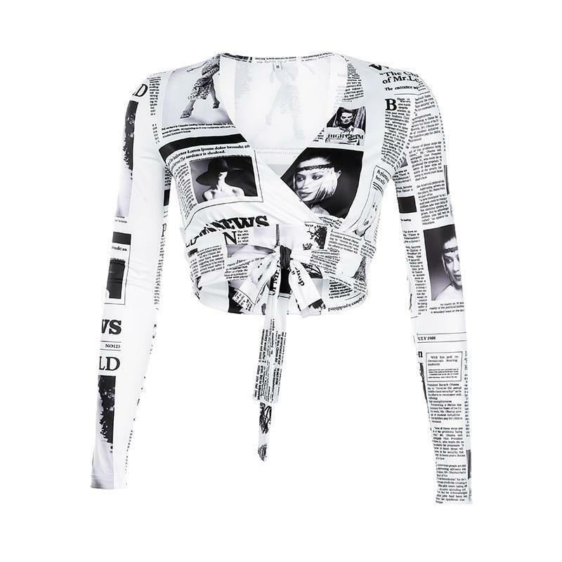 Y2K Grunge Newspaper Crop Top - 90s Retro Summer Outfit, Y2K Party & Club Fashion