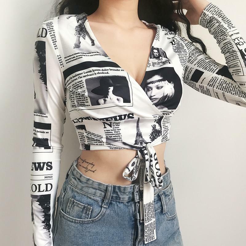Y2K Grunge Newspaper Crop Top - 90s Retro Summer Outfit, Y2K Party & Club Fashion