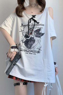 Y2K Grunge Off-Shoulder White T-Shirt - 90s Fashion, Retro Style, Summer Y2K Outfits