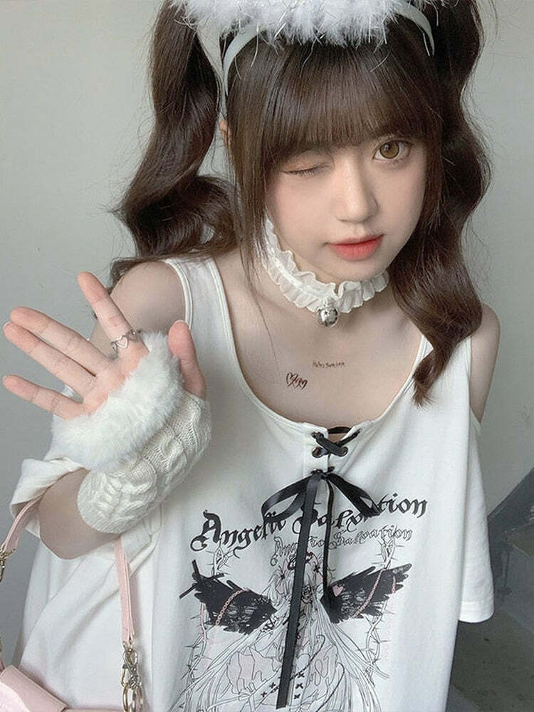 Y2K Grunge Off-Shoulder White T-Shirt - 90s Fashion, Retro Style, Summer Y2K Outfits