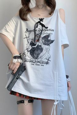 Y2K Grunge Off-Shoulder White T-Shirt - 90s Fashion, Retro Style, Summer Y2K Outfits