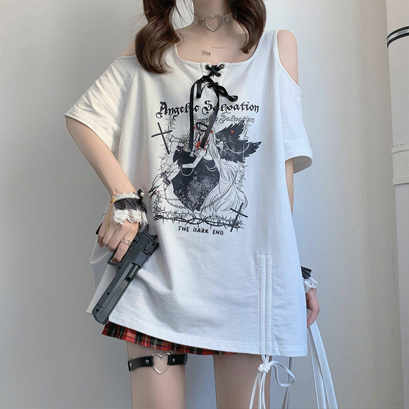 Y2K Grunge Off-Shoulder White T-Shirt - 90s Fashion, Retro Style, Summer Y2K Outfits