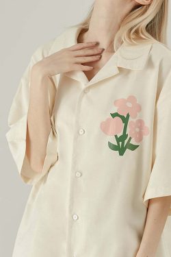 Y2K Grunge Off-White Button-Up Shirt - 90s Fashion, Retro Style, Summer Y2K Outfits