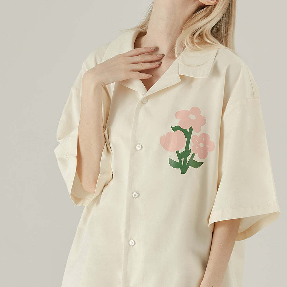 Y2K Grunge Off-White Button-Up Shirt - 90s Fashion, Retro Style, Summer Y2K Outfits