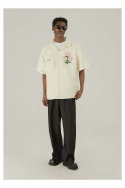 Y2K Grunge Off-White Button-Up Shirt - 90s Fashion, Retro Style, Summer Y2K Outfits