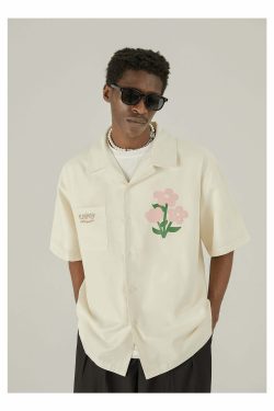 Y2K Grunge Off-White Button-Up Shirt - 90s Fashion, Retro Style, Summer Y2K Outfits