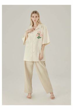 Y2K Grunge Off-White Button-Up Shirt - Retro 90s Fashion, Summer Y2K Outfits, Pastel Goth Style