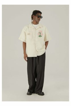 Y2K Grunge Off-White Button-Up Shirt - Retro 90s Fashion, Summer Y2K Outfits, Pastel Goth Style