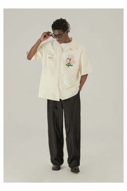 Y2K Grunge Off-White Button-Up Shirt - Retro 90s Fashion, Summer Y2K Outfits, Pastel Goth Style