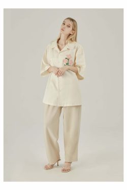 Y2K Grunge Off-White Button-Up Shirt - Retro 90s Fashion, Summer Y2K Outfits, Pastel Goth Style