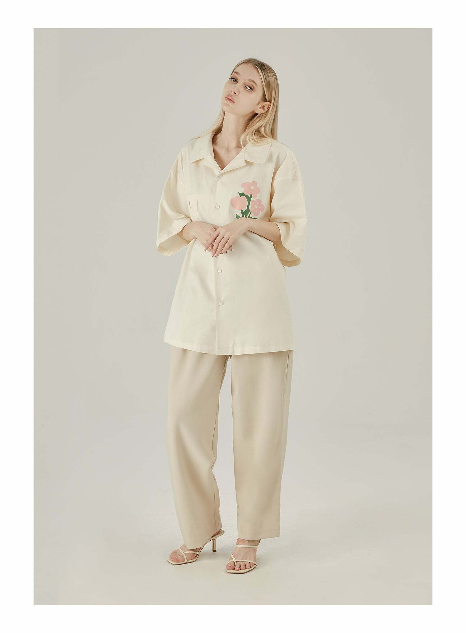 Y2K Grunge Off-White Button-Up Shirt - Retro 90s Fashion, Summer Y2K Outfits, Pastel Goth Style