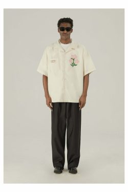 Y2K Grunge Off-White Button-Up Shirt - Retro 90s Fashion, Summer Y2K Outfits, Pastel Goth Style