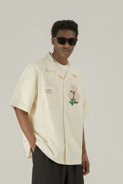 Y2K Grunge Off-White Button-Up Shirt - Retro 90s Fashion, Summer Y2K Outfits, Pastel Goth Style