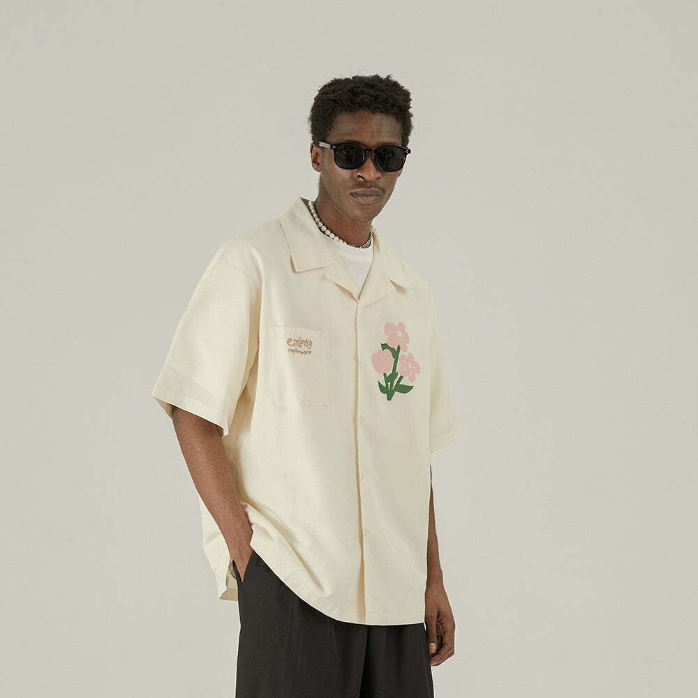 Y2K Grunge Off-White Button-Up Shirt - Retro 90s Fashion, Summer Y2K Outfits, Pastel Goth Style