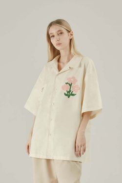 Y2K Grunge Off-White Button-Up Shirt - Retro 90s Fashion, Summer Y2K Outfits, Pastel Goth Style