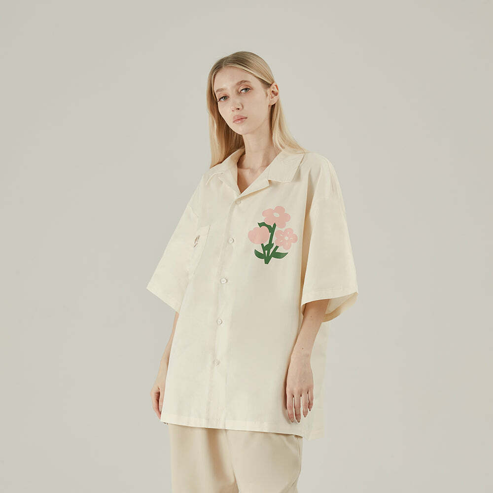 Y2K Grunge Off-White Button-Up Shirt - Retro 90s Fashion, Summer Y2K Outfits, Pastel Goth Style