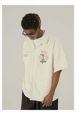 Y2K Grunge Off-White Button-Up Shirt - Retro 90s Fashion, Summer Y2K Outfits, Pastel Goth Style