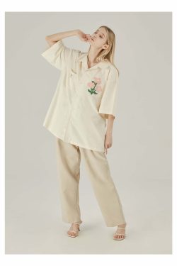 Y2K Grunge Off-White Button-Up Shirt - Retro 90s Fashion, Summer Y2K Outfits, Pastel Goth Style