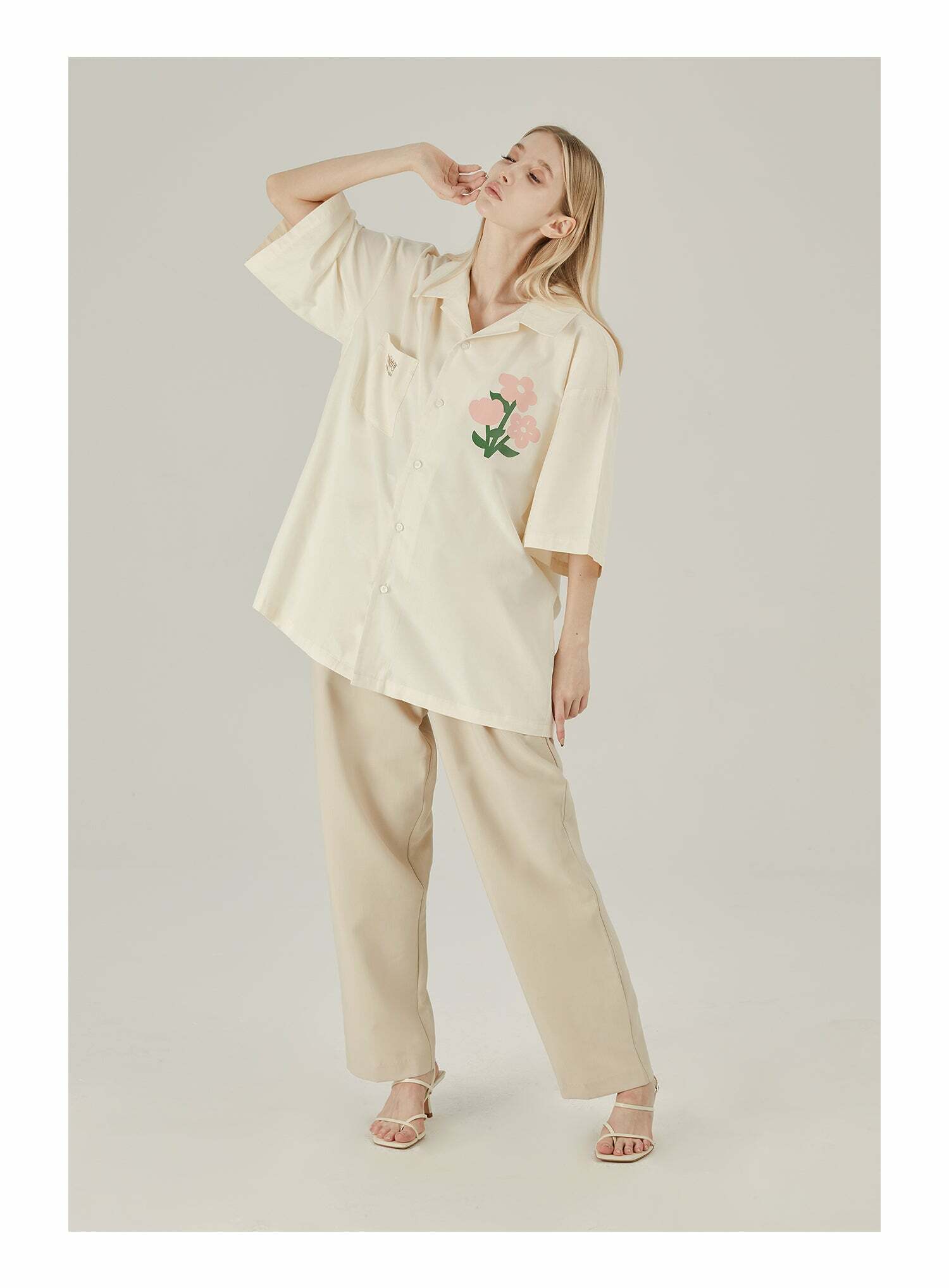 Y2K Grunge Off-White Button-Up Shirt - Retro 90s Fashion, Summer Y2K Outfits, Pastel Goth Style