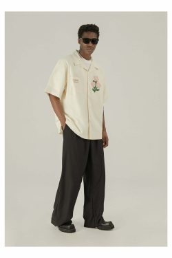 Y2K Grunge Off-White Button-Up Shirt - Retro 90s Fashion, Summer Y2K Outfits, Pastel Goth Style