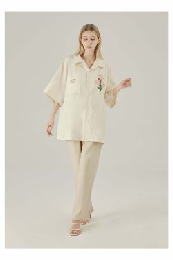 Y2K Grunge Off-White Button-Up Shirt - Retro 90s Fashion, Summer Y2K Outfits, Pastel Goth Style