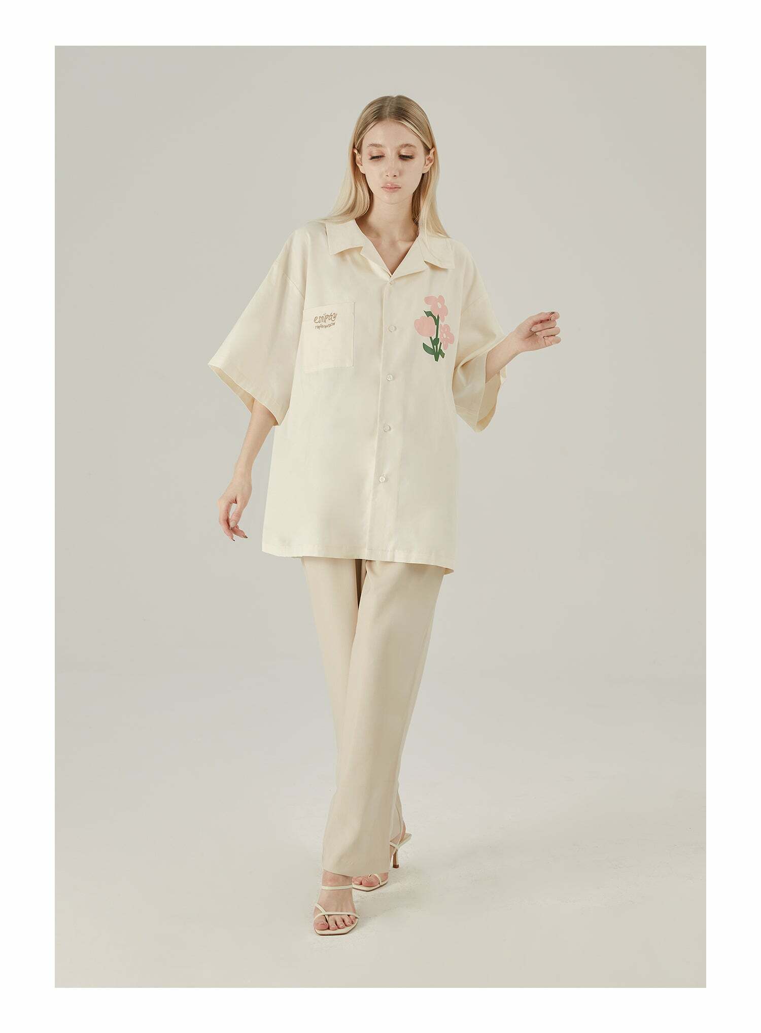 Y2K Grunge Off-White Button-Up Shirt - Retro 90s Fashion, Summer Y2K Outfits, Pastel Goth Style