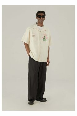 Y2K Grunge Off-White Button-Up Shirt - Retro 90s Fashion, Summer Y2K Outfits, Pastel Goth Style
