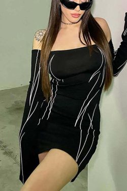 Y2K Grunge Off Shoulder Long Sleeve Mini Bodycon Dress - 90s Punk Goth Summer Outfit