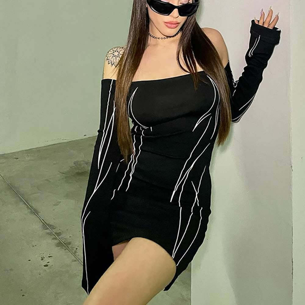 Y2K Grunge Off Shoulder Long Sleeve Mini Bodycon Dress - 90s Punk Goth Summer Outfit