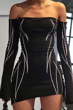 Y2K Grunge Off Shoulder Long Sleeve Mini Bodycon Dress - 90s Punk Goth Summer Outfit